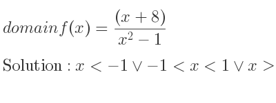The domain of f(x)=((x+8))/(x^2-1) is x<-1\lor-1<x<1\lor x>1